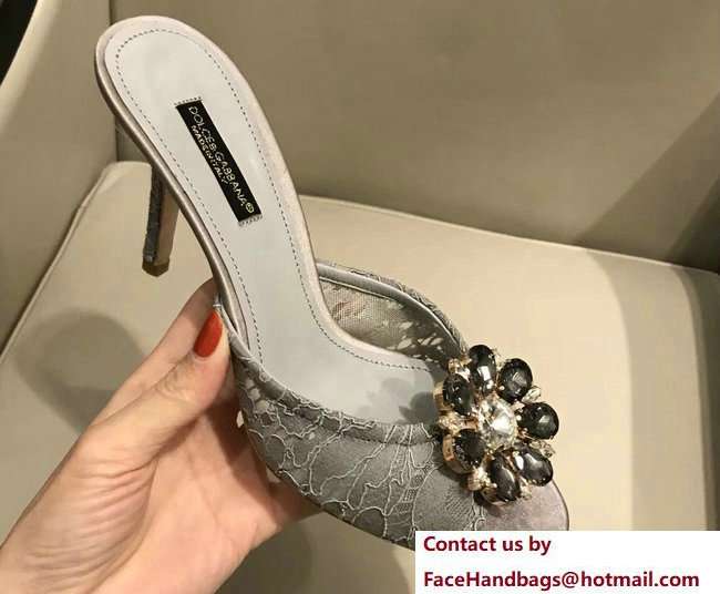 Dolce & Gabbana Heel 7cm Slippers Gray In Lace With Crystals 2018